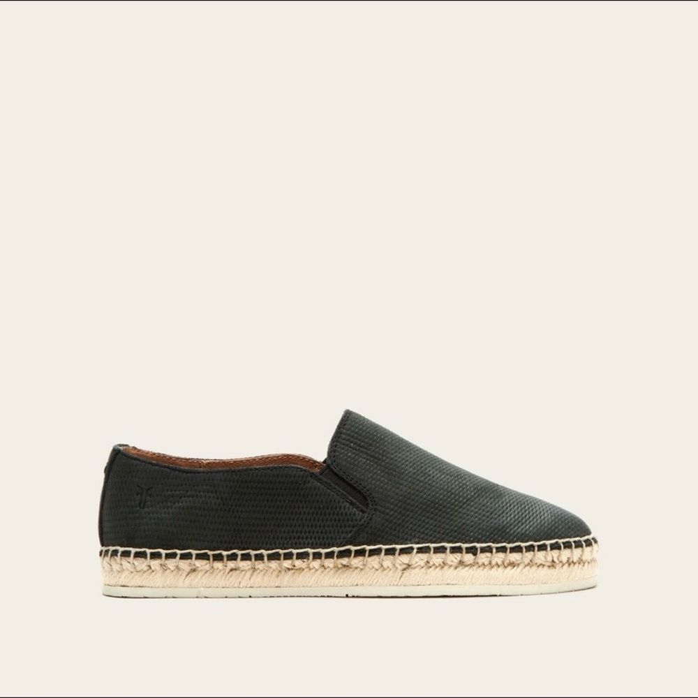 Frye Isbel Diamond Emboss Black Leather Espadrille Flats Women’s Shoe Size 9.5